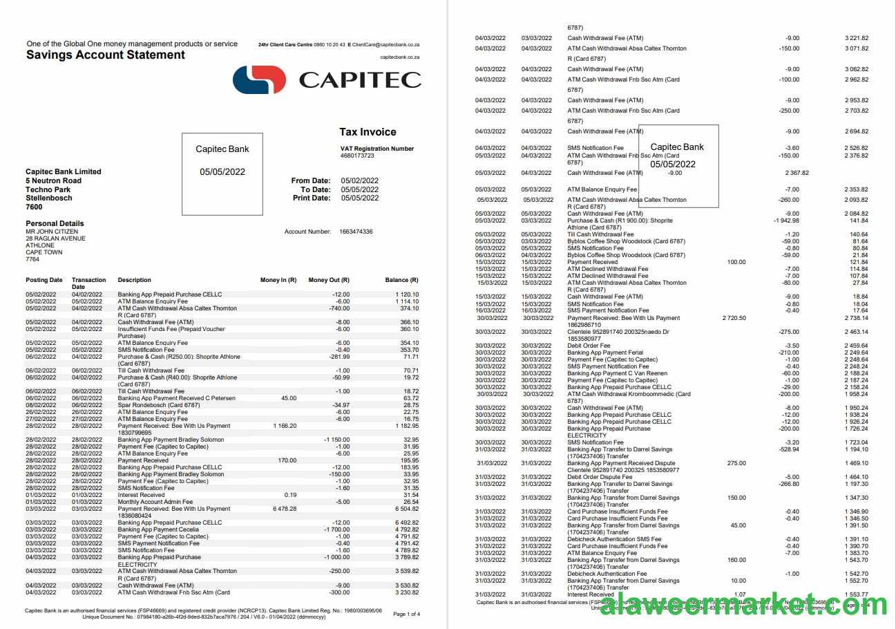 South Africa Capitec bank savings account statement 4 pages